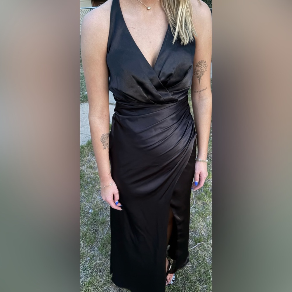 David’s Bridal Black Satin Draped Slip Dress